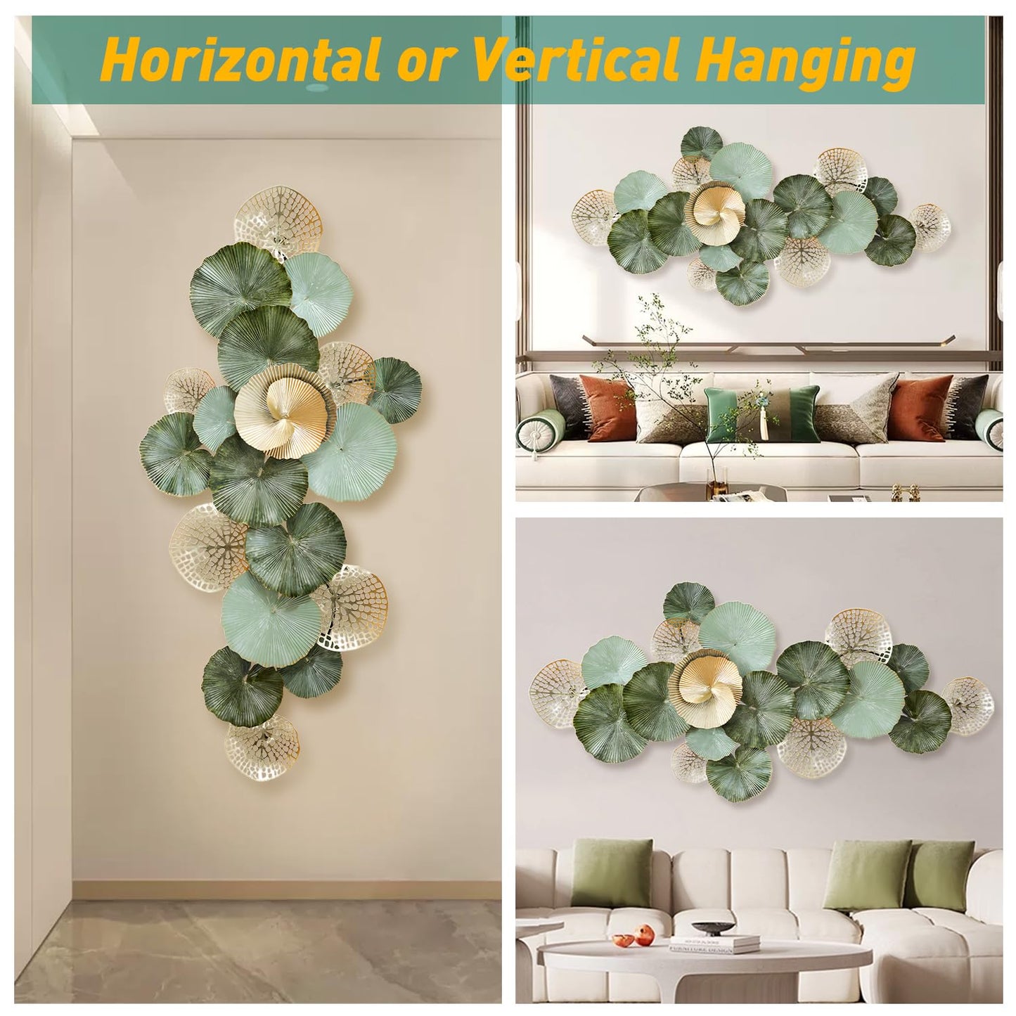 edaknez Metal Wall Art Decor, Large 3D Flower Leaves Metal Wall Art, Modern Lotus Wall Decoration for Indoor & Outdoor Living Room or Bedroom, Green and Gold (C 135 x 64 x 6 cm)