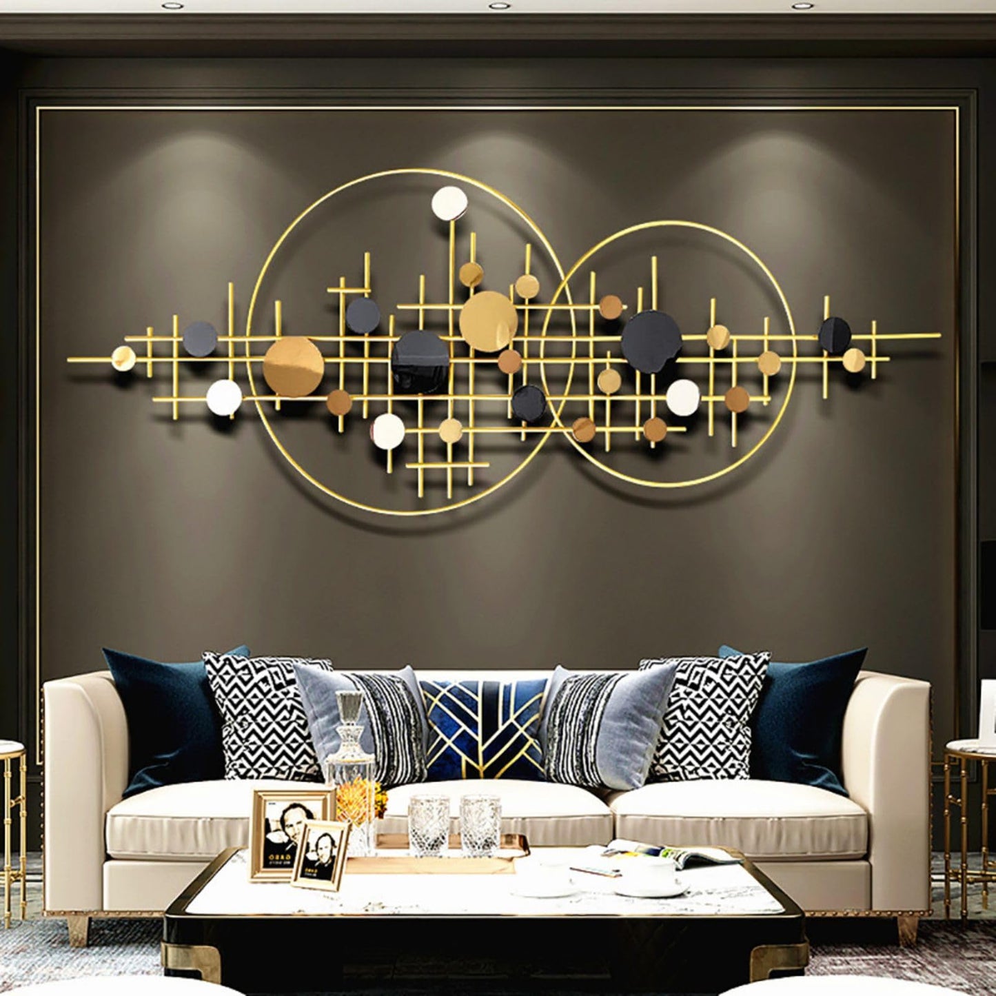 3D Glam Gold Round Metal Wall Art with Decorative Sequins, Modern Luxury Wall Sculpture for Living Room, Bedroom or Entryway