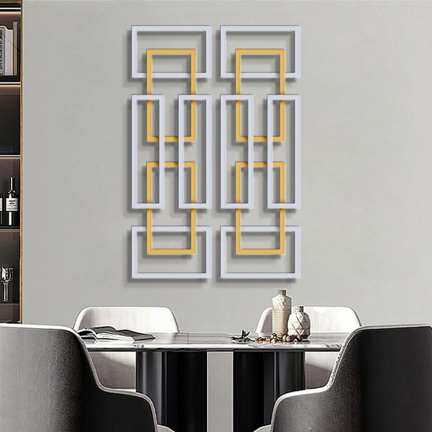 Set of 2 Modern Abstract 3D Metal Wall Art, Gold and Silver Rectangle Wall Sculptures for Living Room, Bedroom or Office