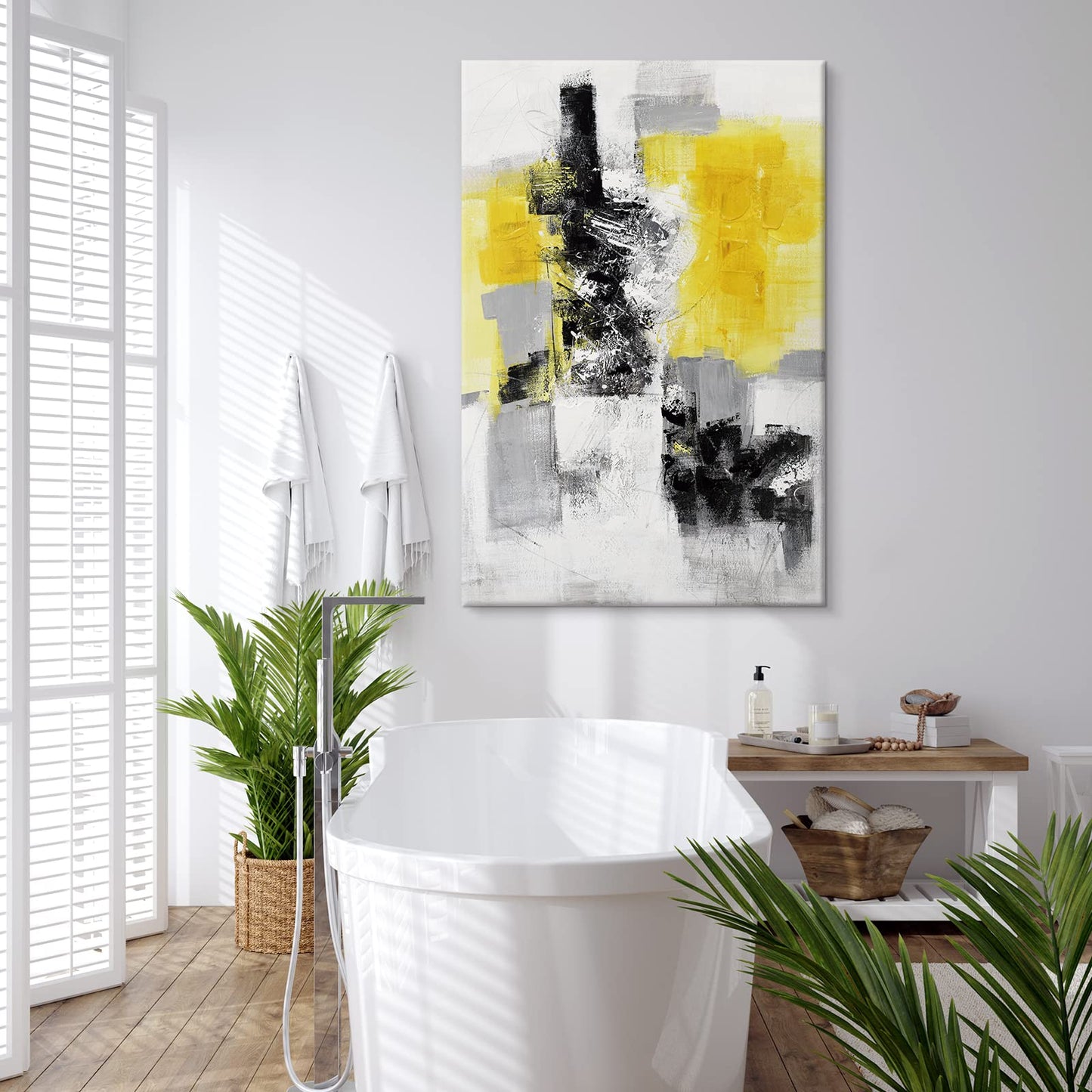 Yellow, Black and White Abstract Canvas Wall Art, Large Framed Painting for Bedroom, Living Room, Kitchen or Office 48"x32"