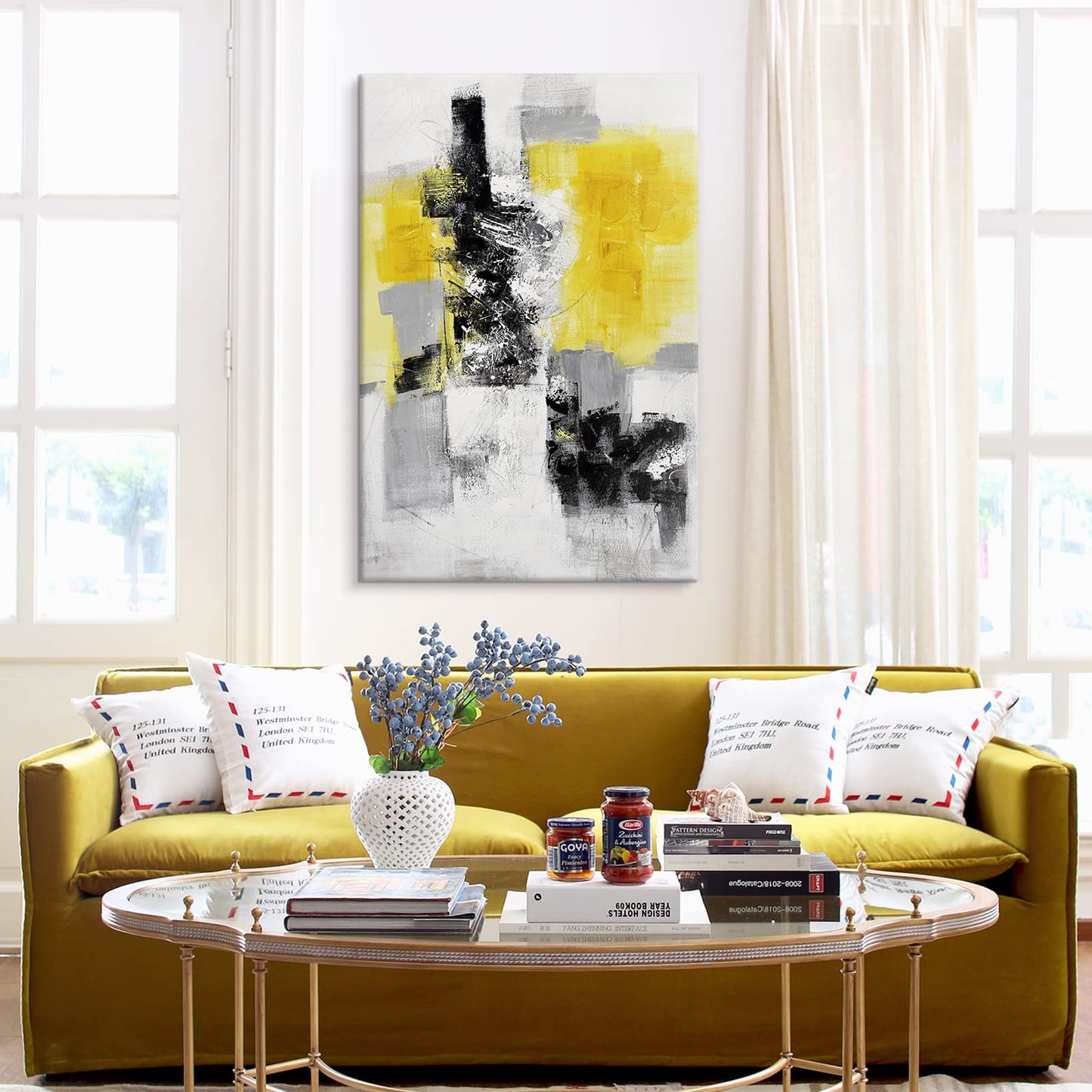 Yellow, Black and White Abstract Canvas Wall Art, Large Framed Painting for Bedroom, Living Room, Kitchen or Office 48"x32"