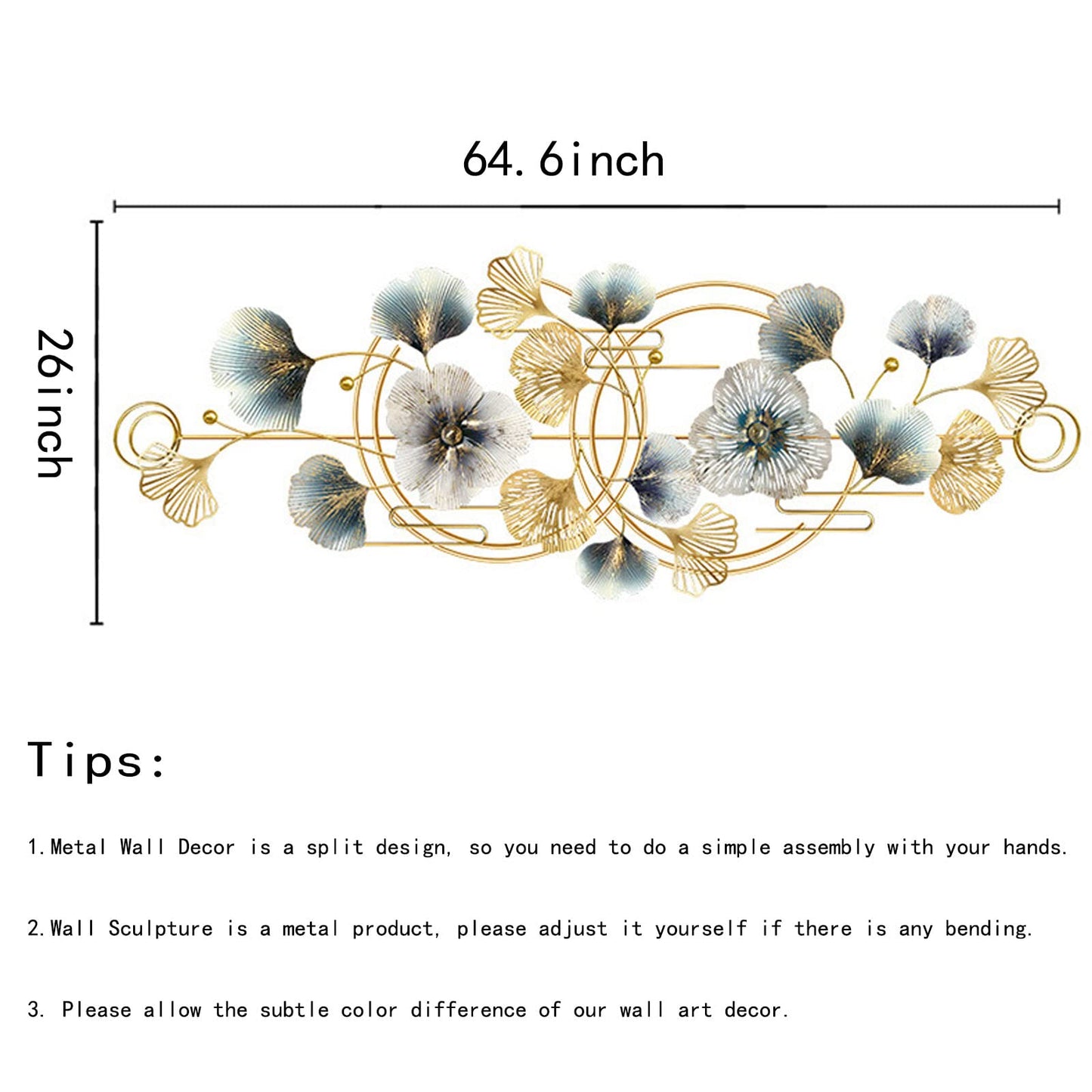 Metal Art Wall Decor, 3D Ginkgo Leaf Wall Art, Large Removable Metal Wall Sculpture for Living Room and Bedroom Decoration (64.6" × 26.4")