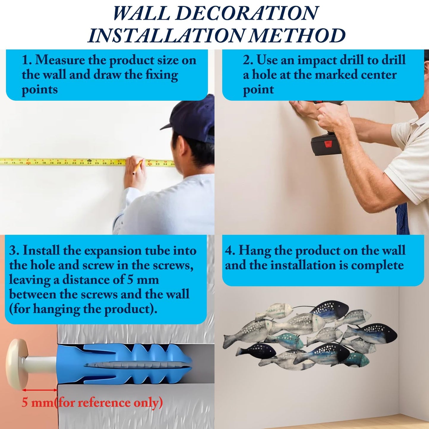 Coastal Ocean 3D Metal Fish Wall Sculpture, Hand-Painted Hanging Decor for Living Room, Bedroom or Dining Room 50"x20"