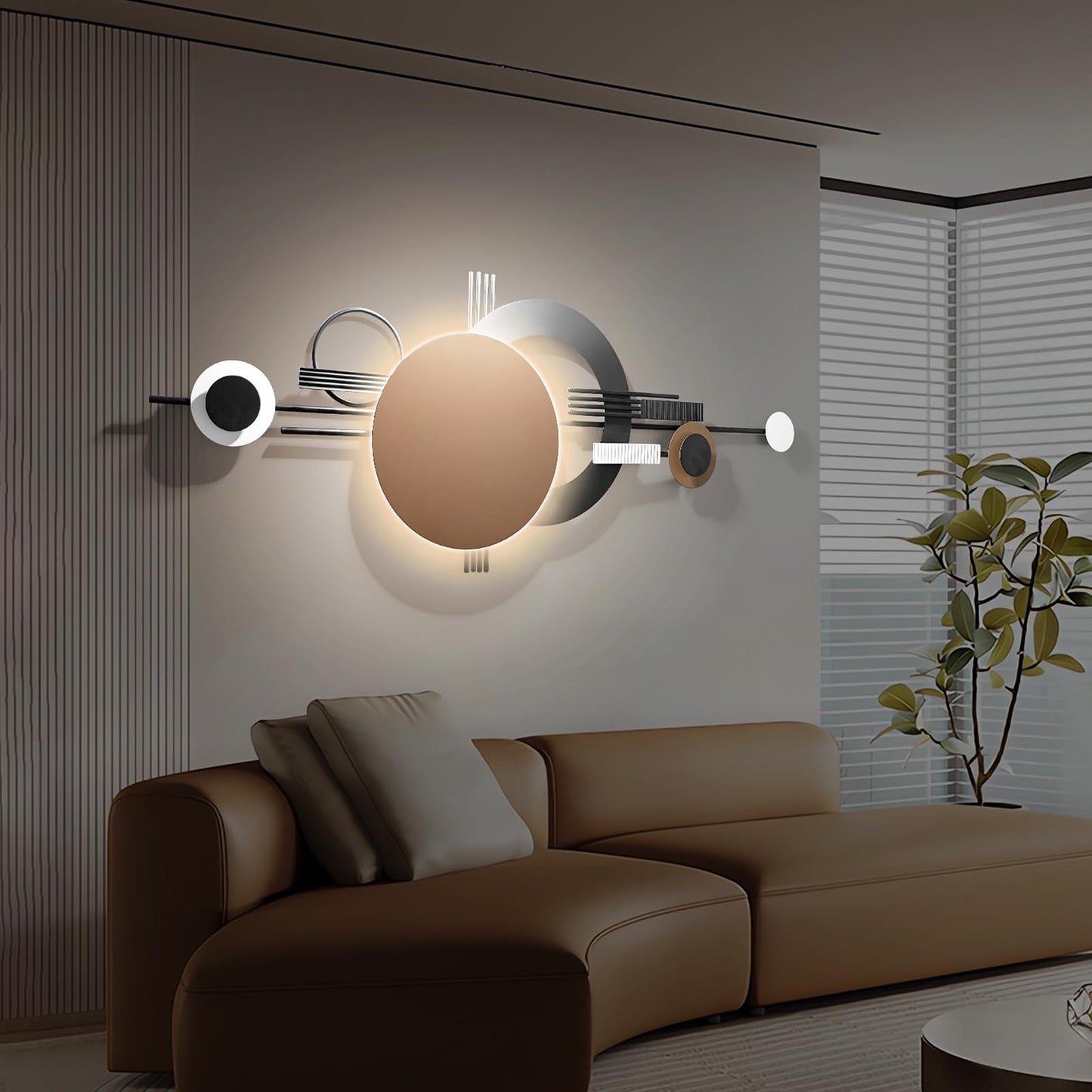 Modern Geometric Metal Wall Art with Lights, Black and Brown Decorative Wall Sculpture for Living Room or Office 49.2"x19.2"