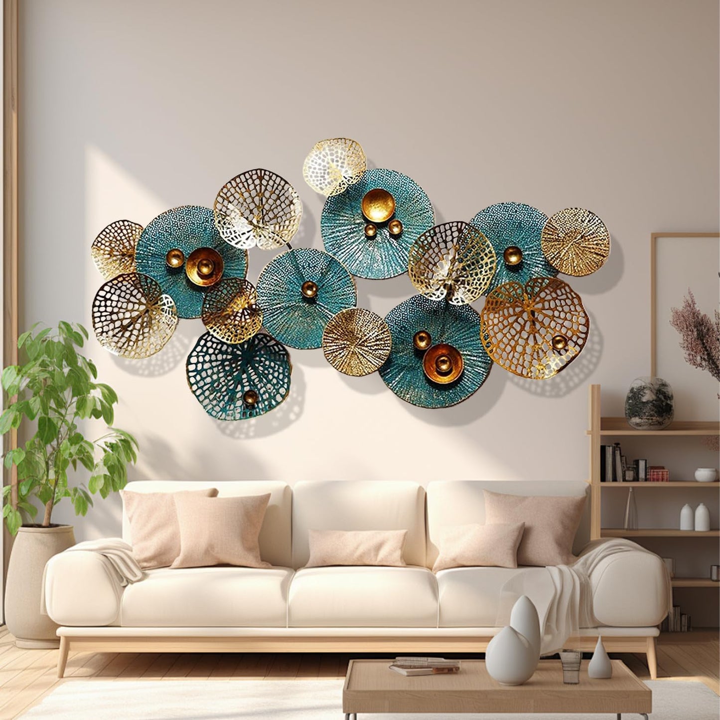 Metal Wall Decor for Living Room, 3D Stacked Leaves Lotus Flower Metal Wall Art, Modern Hanging Wall Decoration, 50" x 26"