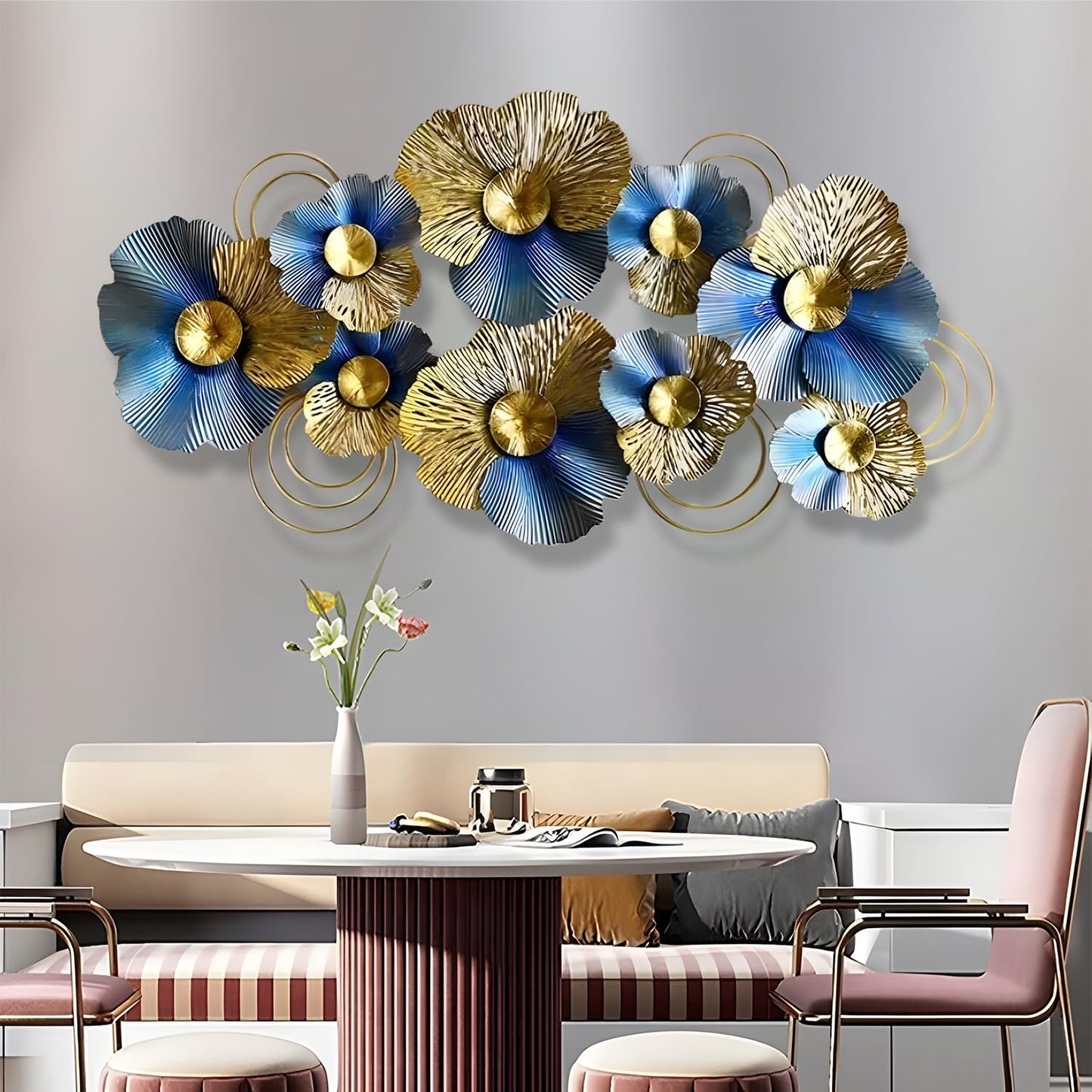 edaknez Metal Wall Decor for Living Room, Extra Large 3D Modern Leaves Metal Wall Art, Lotus Flower Wall Hanging Sculpture for Indoor & Outdoor Decoration, Blue and Gold (A 130 x 66 x 6 cm)