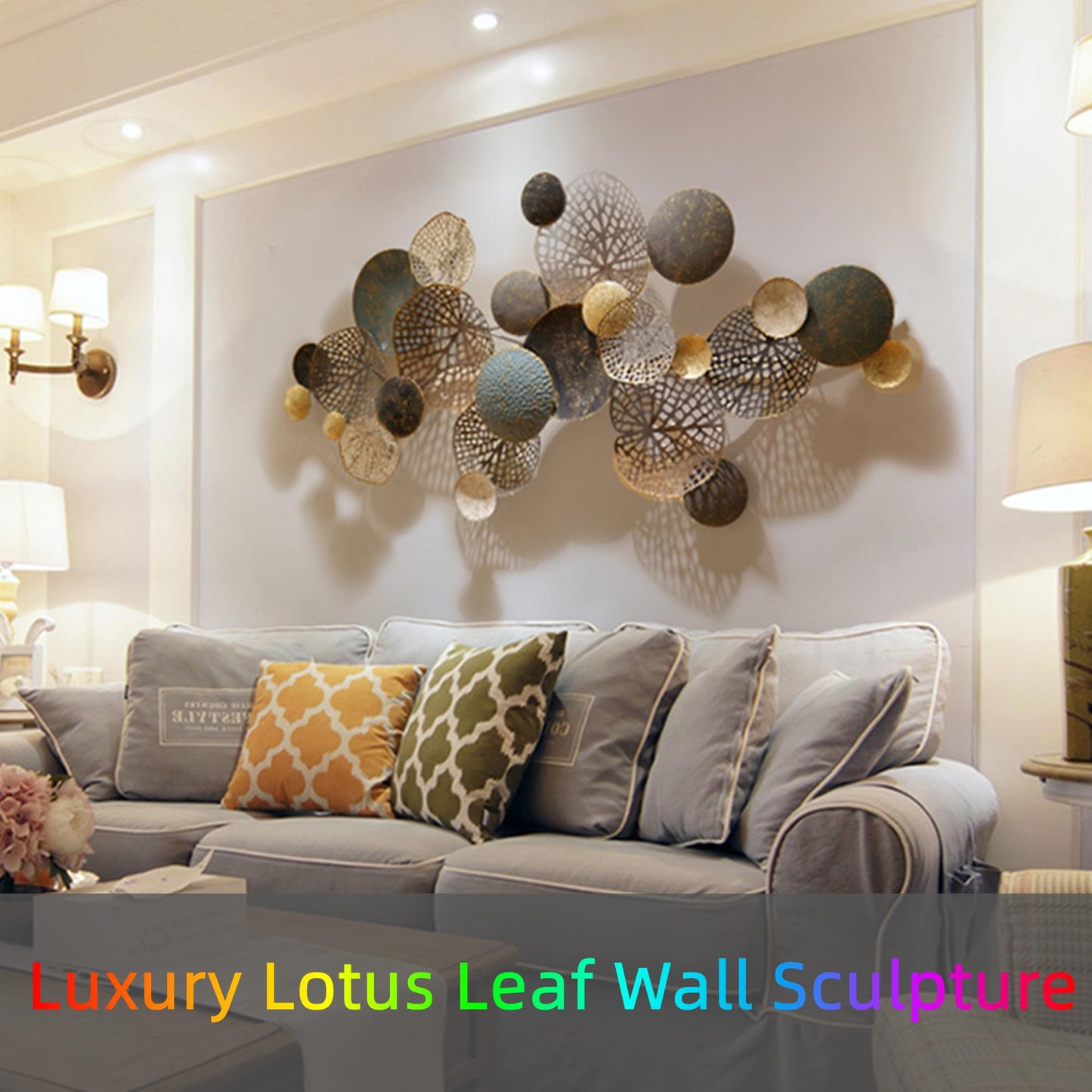 ZZYYZZ Large Metal Wall Decor, Boho Lotus Leaf 3D Metal Wall Art, Stacked Flower Wall Decoration for Living Room, Bedroom, Dining Room, Nautical Coastal Style, 52.5" x 26.5"