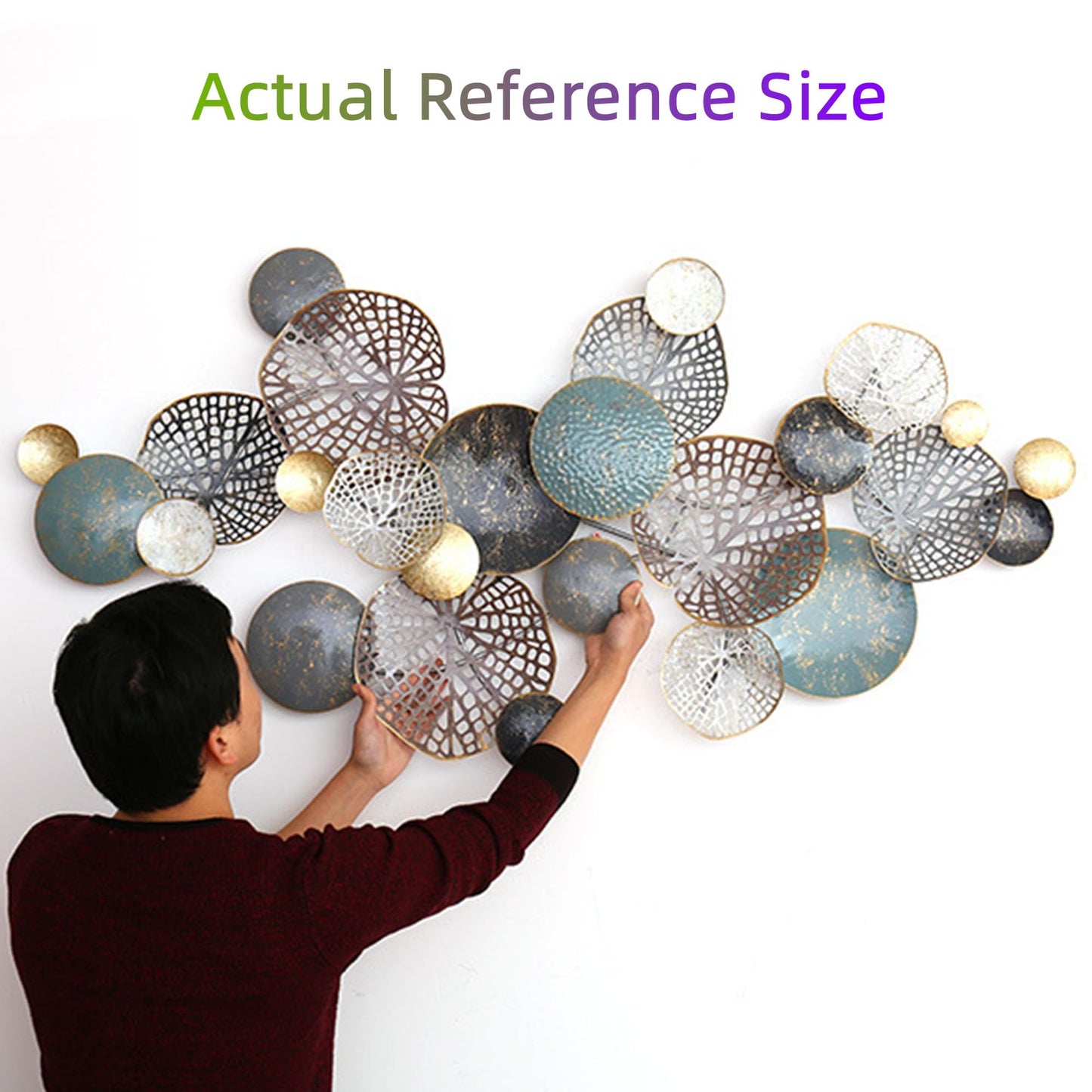 ZZYYZZ Large Metal Wall Decor, Boho Lotus Leaf 3D Metal Wall Art, Stacked Flower Wall Decoration for Living Room, Bedroom, Dining Room, Nautical Coastal Style, 52.5" x 26.5"