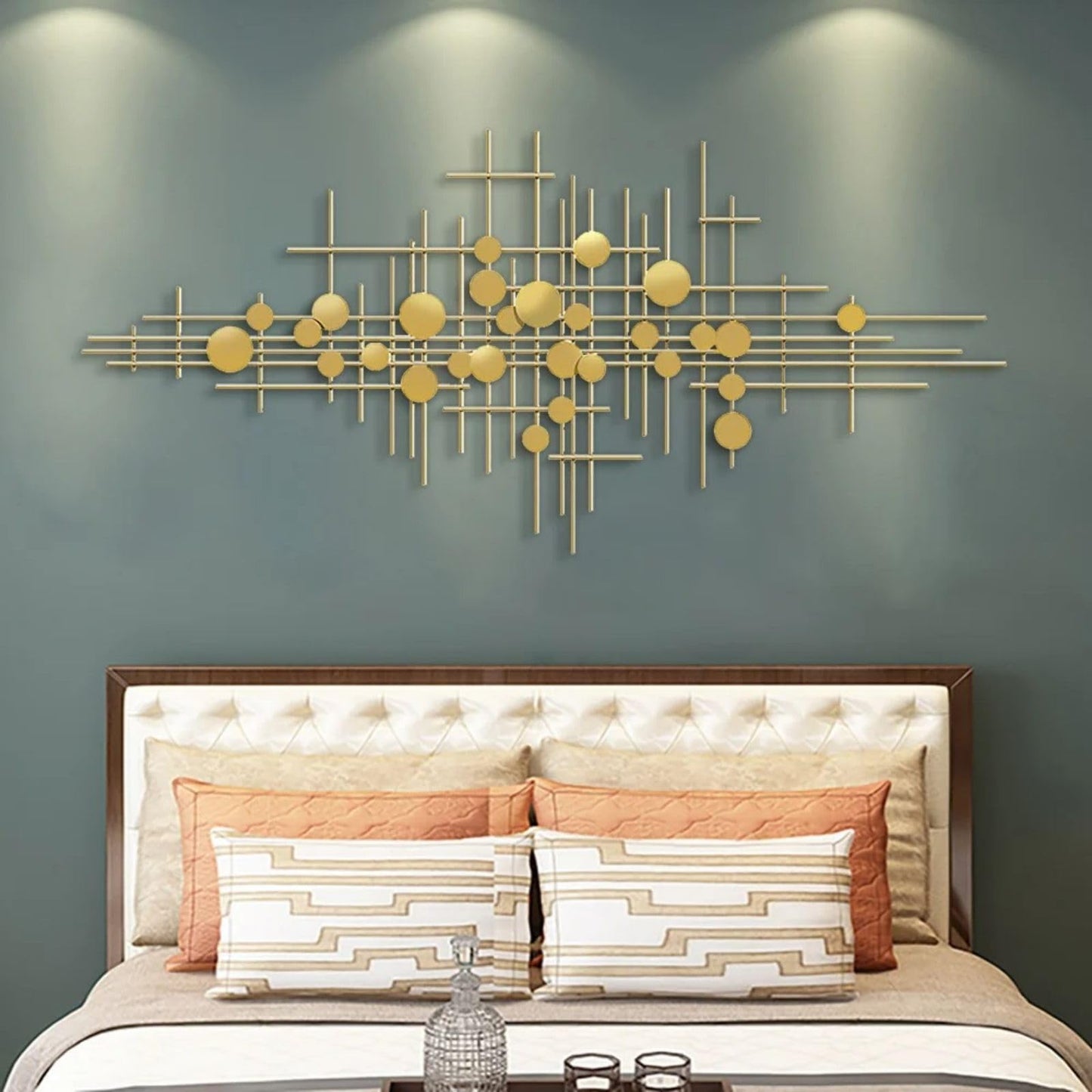 Modern Gold Abstract Metal Wall Art with Geometric Bars and Dots, Large Decorative Accent for Living Room, Bedroom or Hallway 58.3"