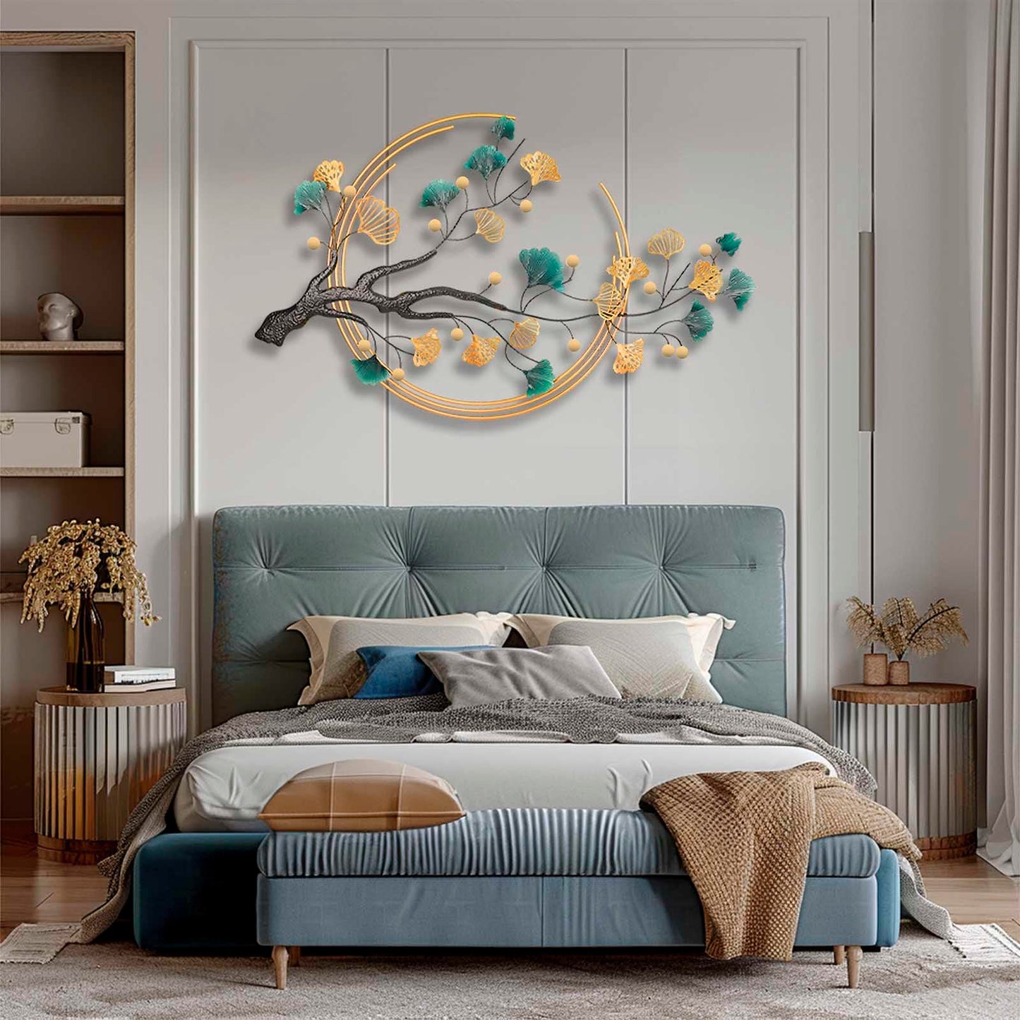 QXSXKJ 3D Metal Wall Art Decor, Large Gold Ginkgo Leaf Wall Sculpture, 59" Modern Metal Wall-Mounted Decoration for Living Room, Dining Room, and Bedroom