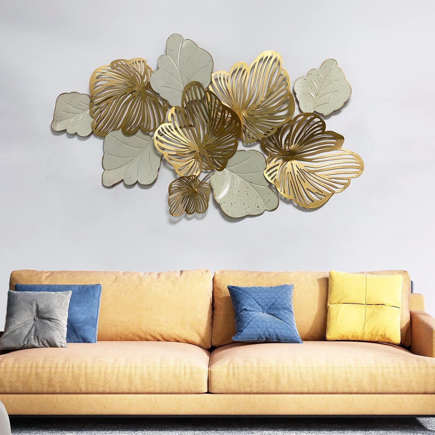 3D Gold Flower Metal Wall Art, Modern Blooming Wall Sculpture for Living Room, Bedroom or Kitchen Decor 52"x29"