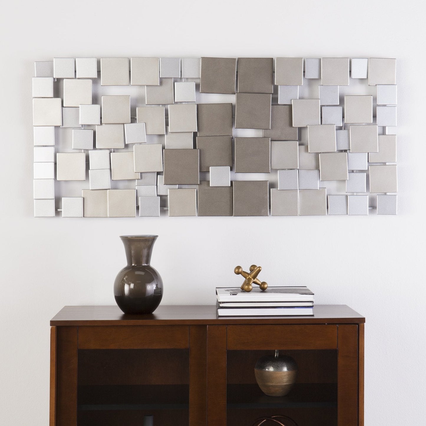 Geometric 3D Silver Wall Sculpture, Modern Metal Wall Art for Living Room or Office 47"x2.25"