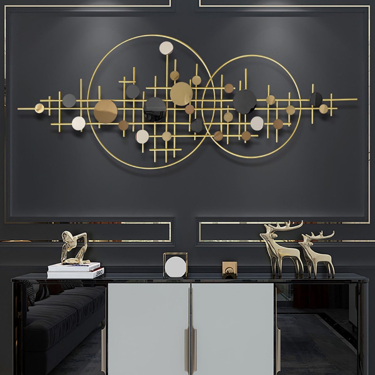 3D Glam Gold Round Metal Wall Art with Decorative Sequins, Modern Luxury Wall Sculpture for Living Room, Bedroom or Entryway