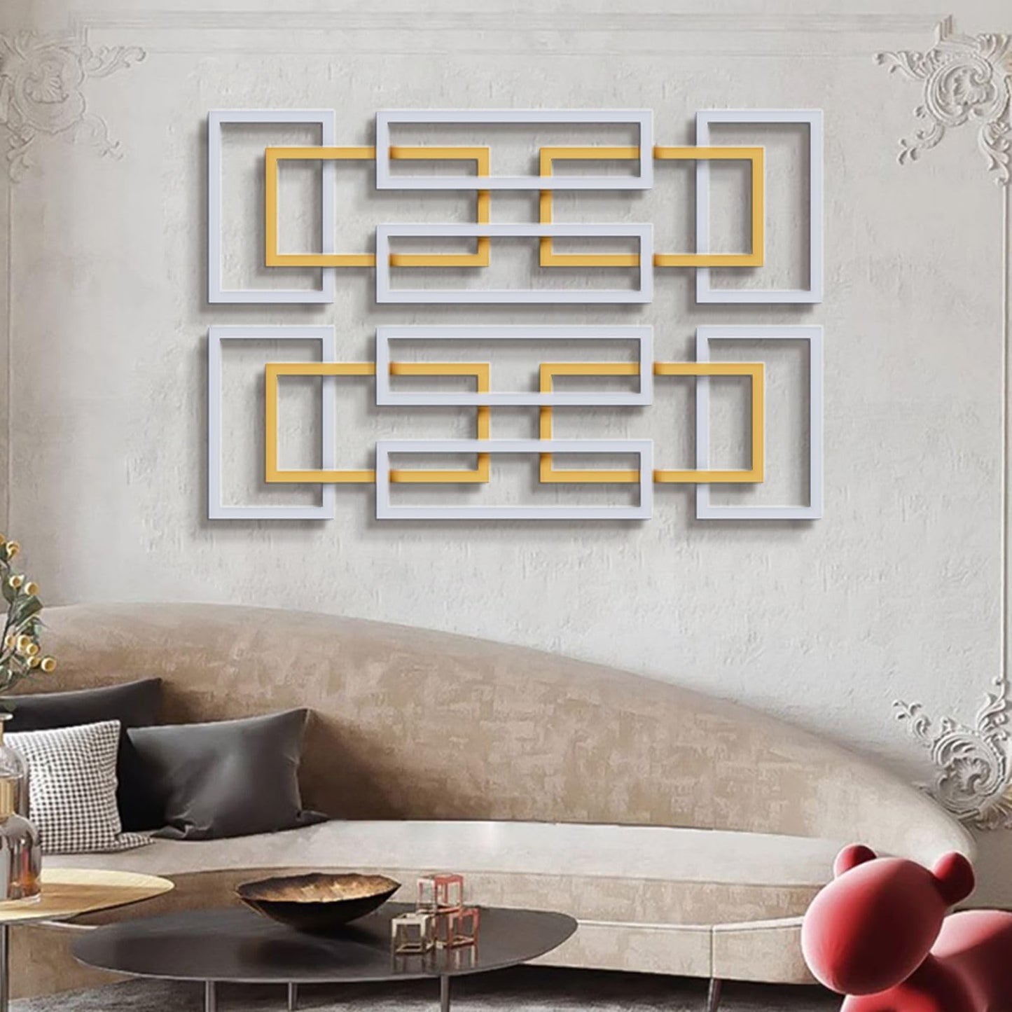Set of 2 Modern Abstract 3D Metal Wall Art, Gold and Silver Rectangle Wall Sculptures for Living Room, Bedroom or Office