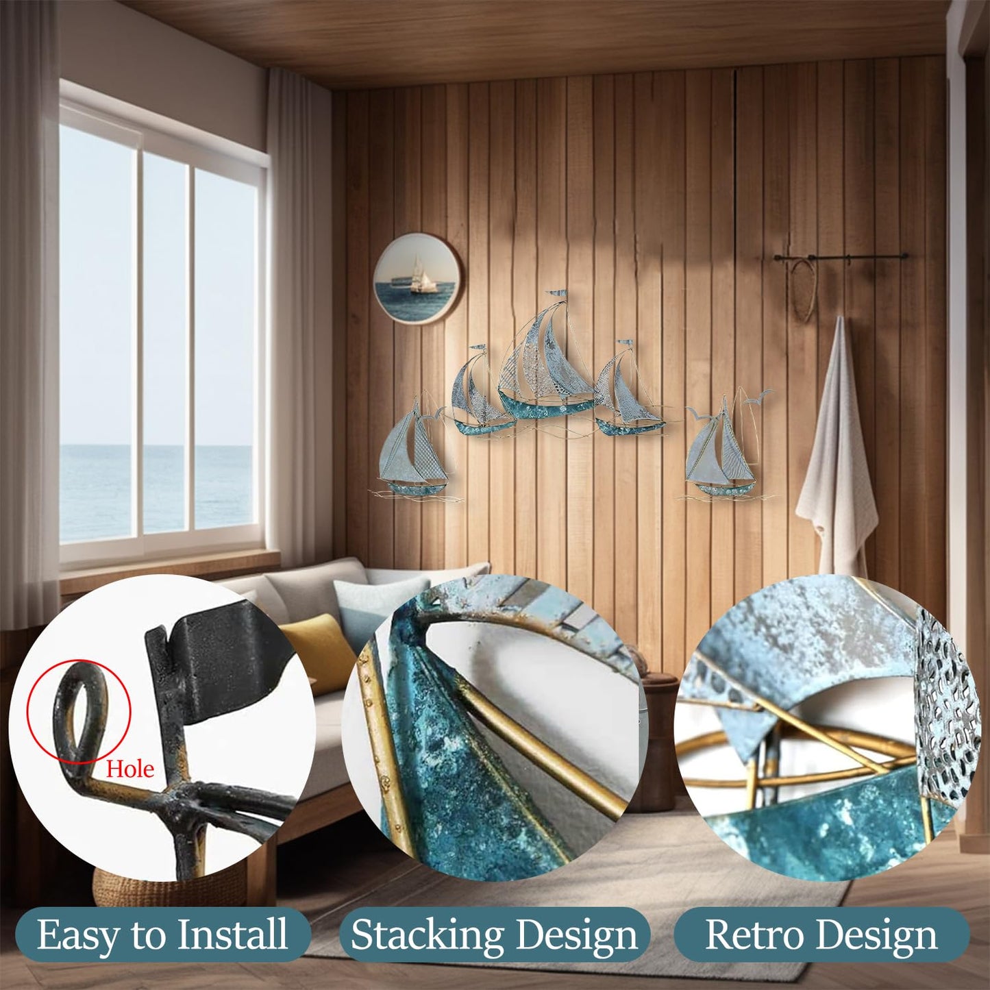 edaknez Set of 3 Metal Sailboat Wall Art, Coastal Nautical Blue Ship Wall Decor, Large Sailing Boat Metal Wall Sculpture for Living Room, Bedroom, Indoor & Outdoor