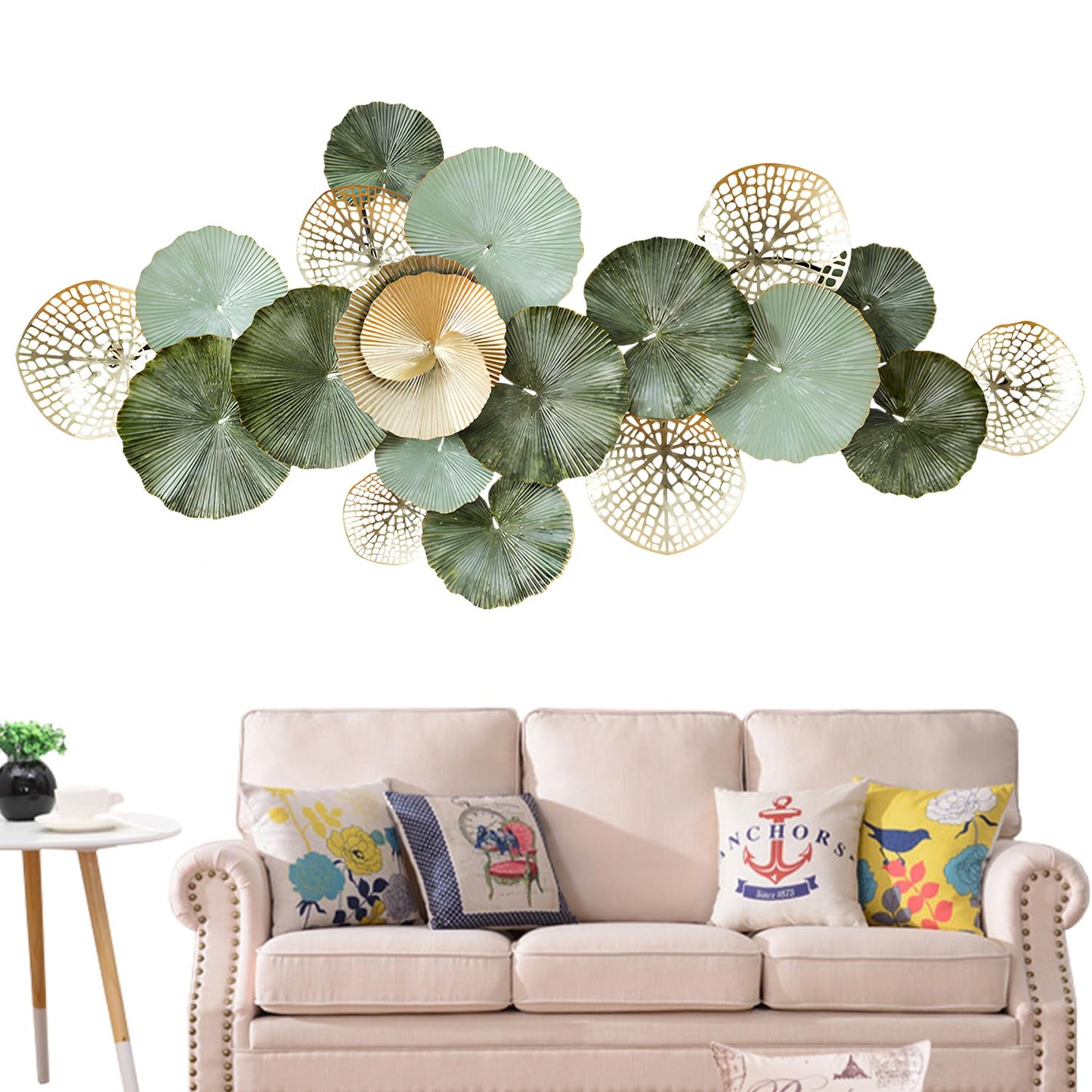 edaknez Metal Wall Art Decor, Large 3D Flower Leaves Metal Wall Art, Modern Lotus Wall Decoration for Indoor & Outdoor Living Room or Bedroom, Green and Gold (C 135 x 64 x 6 cm)