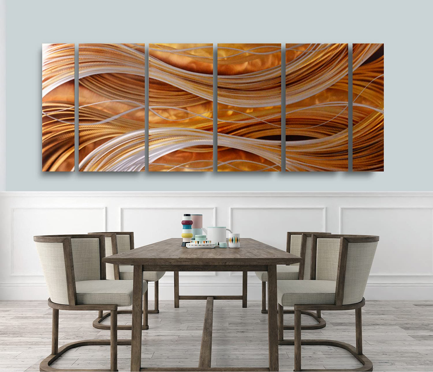 Set of 6 Handcrafted Aluminum Abstract Wall Art Panels, Modern Gold and Silver Wavy Metal Sculpture for Living Room, Office or Hotel Decor