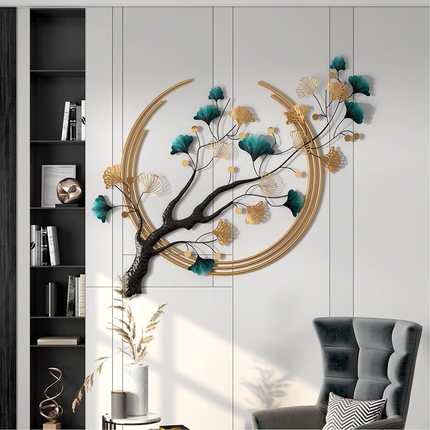 Futyli Large Metal Wall Decor, 3D Ginkgo Leaf Wall Art, 53" Vertical Modern Metal Wall Sculpture for Living Room, Dining Room, Bedroom