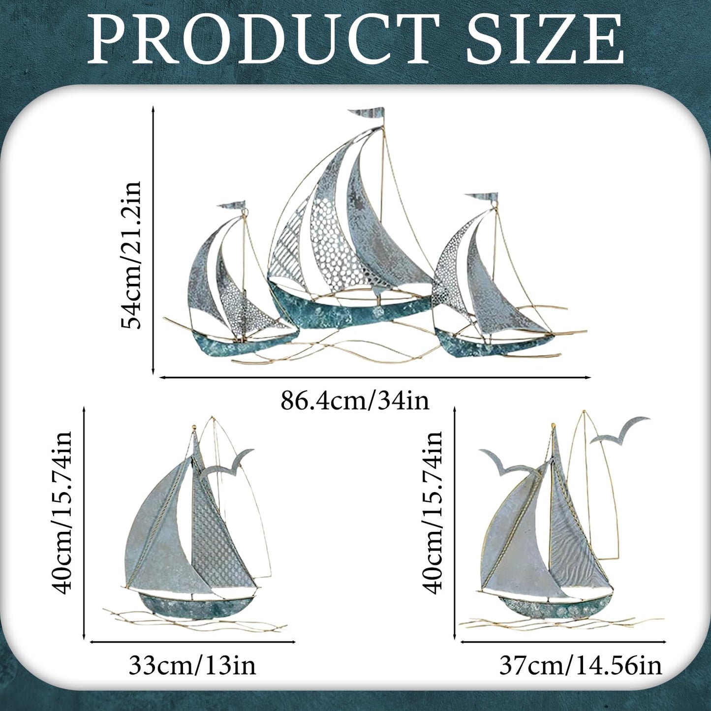 edaknez Set of 3 Metal Sailboat Wall Art, Coastal Nautical Blue Ship Wall Decor, Large Sailing Boat Metal Wall Sculpture for Living Room, Bedroom, Indoor & Outdoor