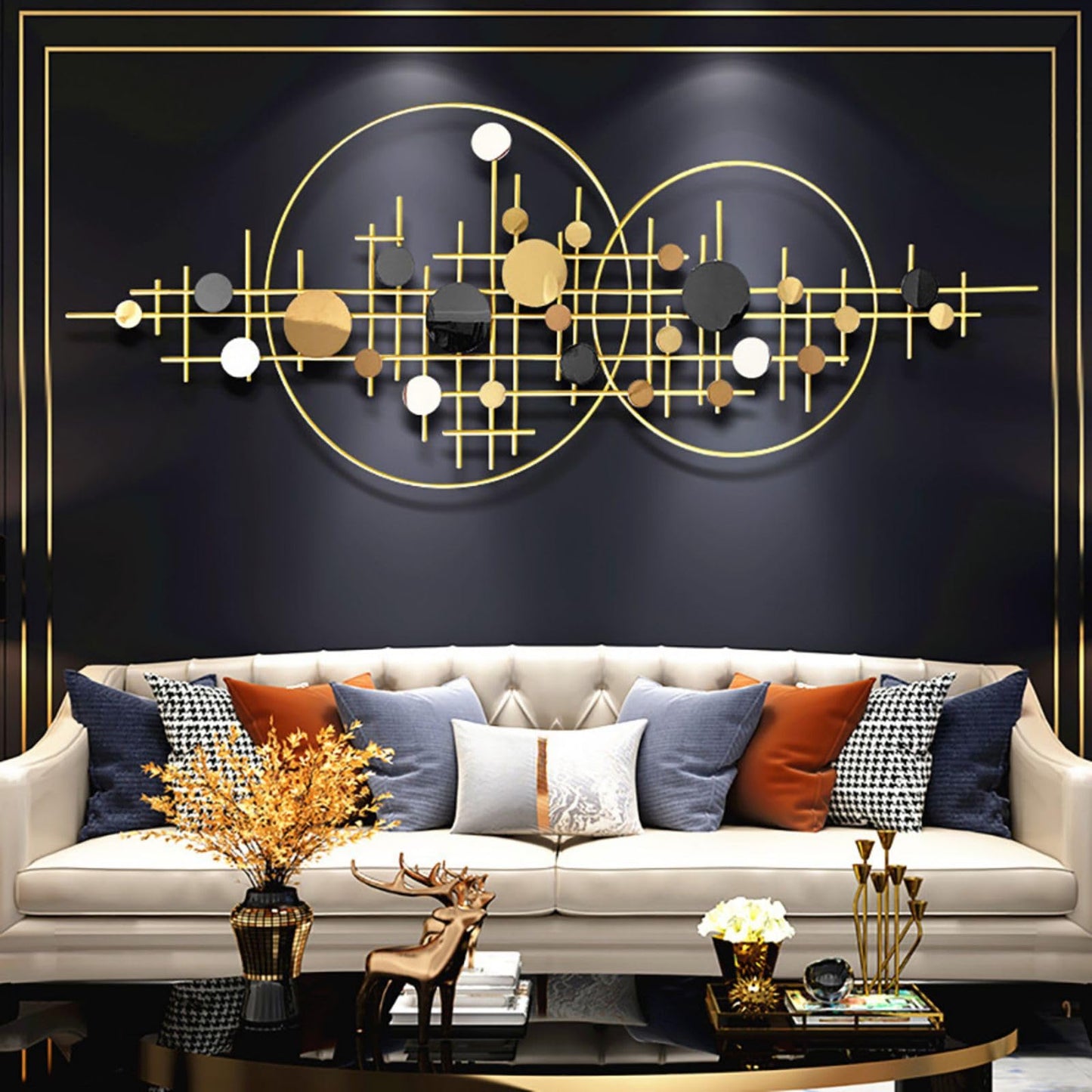 3D Glam Gold Round Metal Wall Art with Decorative Sequins, Modern Luxury Wall Sculpture for Living Room, Bedroom or Entryway