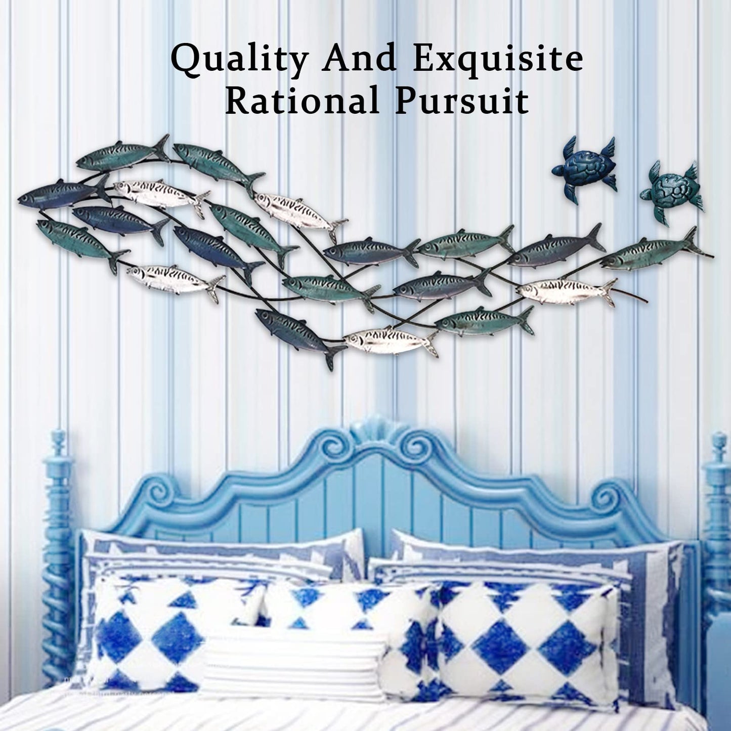 Coastal Metal Fish Wall Art with Two Metal Turtles, Modern Nautical Sculpture for Beach-Themed Living Room or Bedroom