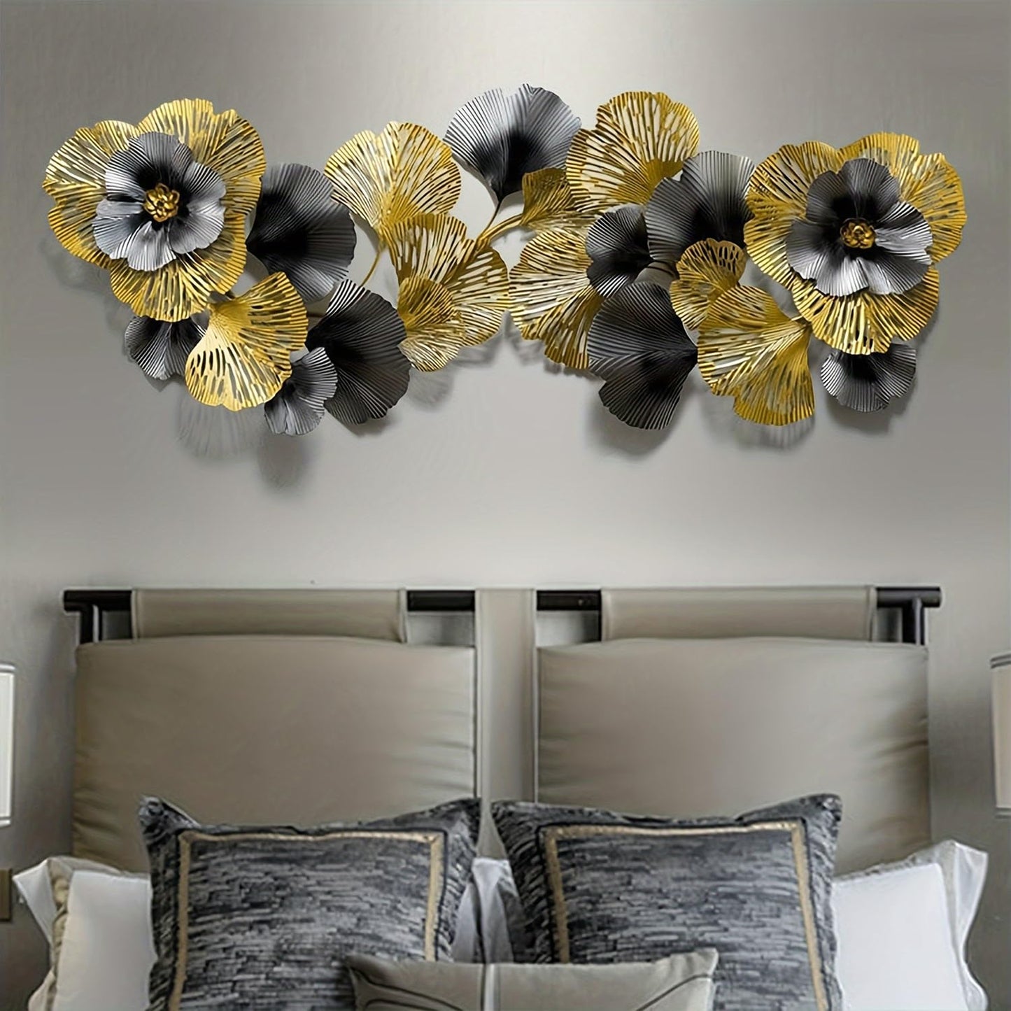 edaknez Extra Large Metal Wall Art, 3D Flower Leaves Metal Wall Decor for Living Room, Coastal Nautical Wall Hanging Sculpture, Indoor & Outdoor Black and Gold Decoration (B 145 x 55 x 6 cm)
