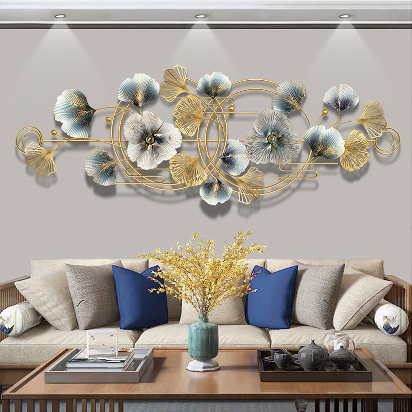 Metal Art Wall Decor, 3D Ginkgo Leaf Wall Art, Large Removable Metal Wall Sculpture for Living Room and Bedroom Decoration (64.6" × 26.4")