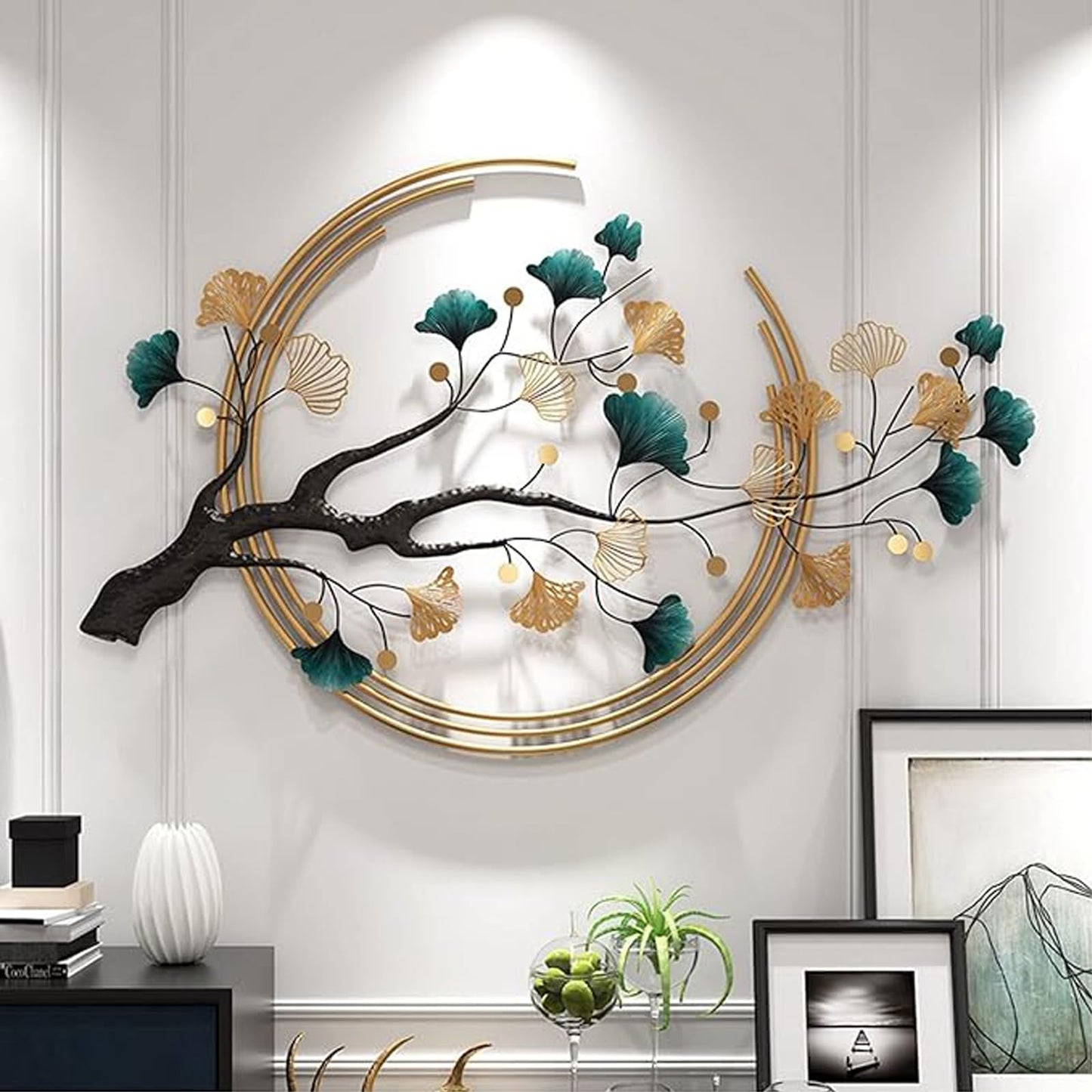 Futyli Large Metal Wall Art Decor, 3D Ginkgo Leaf Wall Sculpture, 36.6" Vertical Gold Metal Artwork for Bedroom and Dining Room Decoration