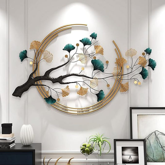Futyli Large Metal Wall Art Decor, 3D Ginkgo Leaf Wall Sculpture, 36.6" Vertical Gold Metal Artwork for Bedroom and Dining Room Decoration