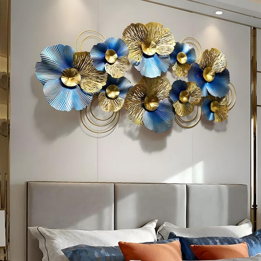edaknez Metal Wall Decor for Living Room, Extra Large 3D Modern Leaves Metal Wall Art, Lotus Flower Wall Hanging Sculpture for Indoor & Outdoor Decoration, Blue and Gold (A 130 x 66 x 6 cm)