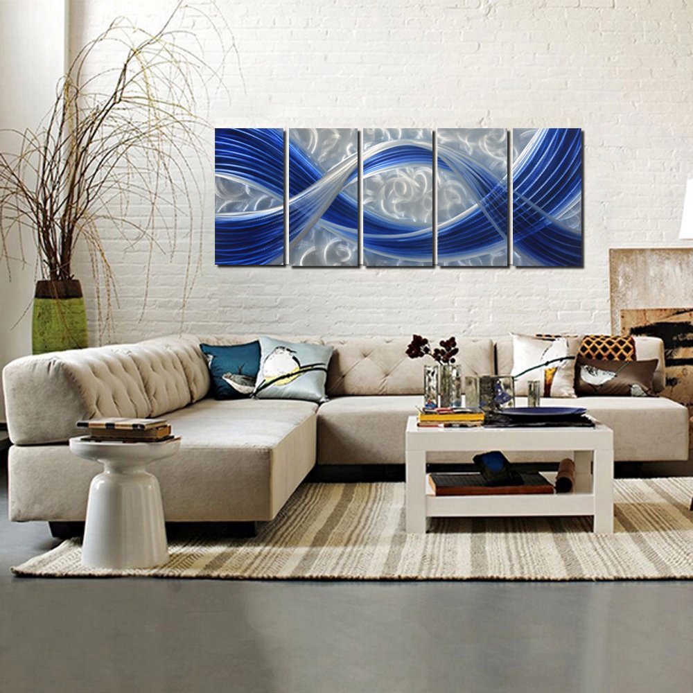 5-Panel Abstract Metal Wall Art, Dark Blue Lines on Silver Aluminum Background, Modern Indoor and Outdoor Wall Sculpture 64"x24"
