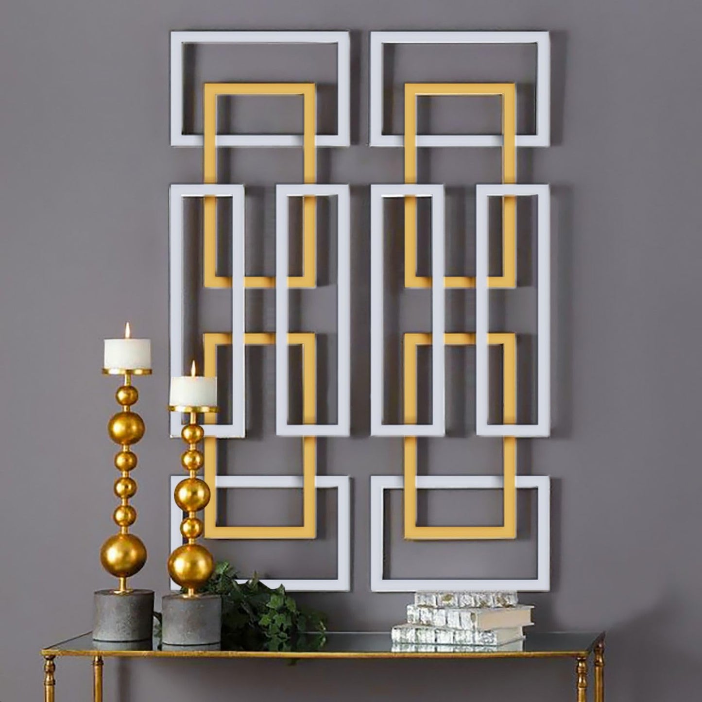 Set of 2 Modern Abstract 3D Metal Wall Art, Gold and Silver Rectangle Wall Sculptures for Living Room, Bedroom or Office