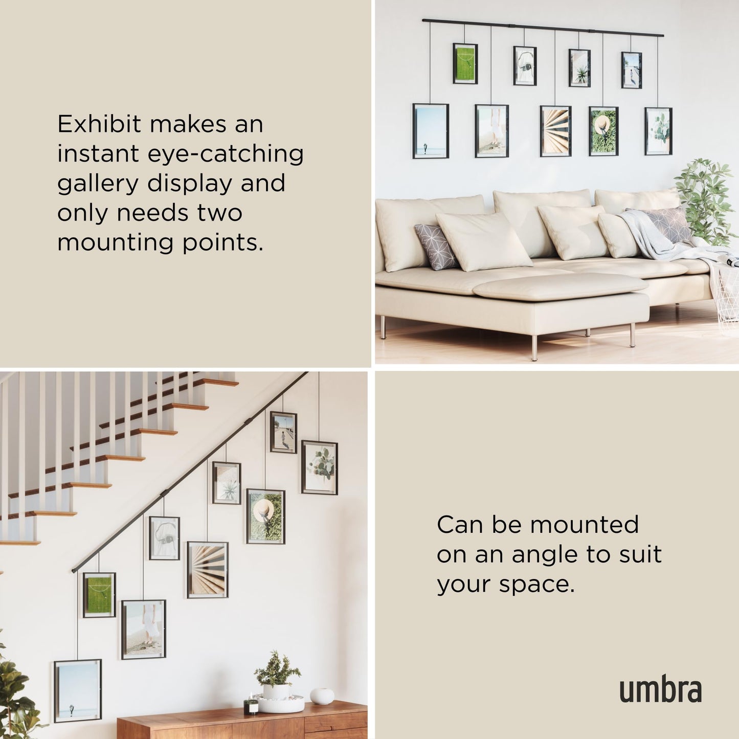 Umbra Exhibit Rimless Wall Frame with Metal Rod, Black Decorative Frame for Living Room, Bathroom, Bedroom or Entryway