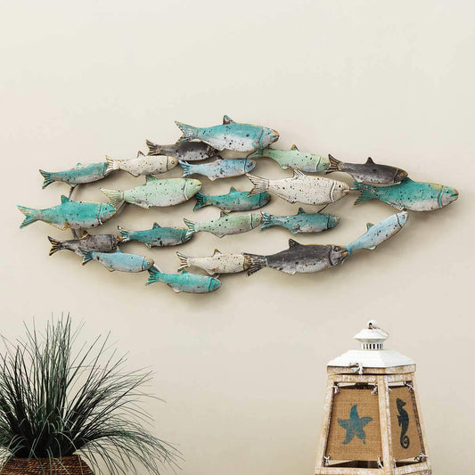Distressed School of Fish Metal Wall Art, Coastal Blue Wall Decor 39.5"x14"