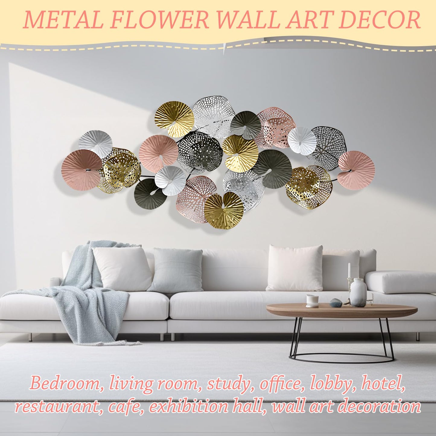 Large Coastal Metal Wall Art Decor, 3D Modern Gold Lotus Leaves Nautical Wall Decoration for Living Room or Bedroom, 53" x 26"