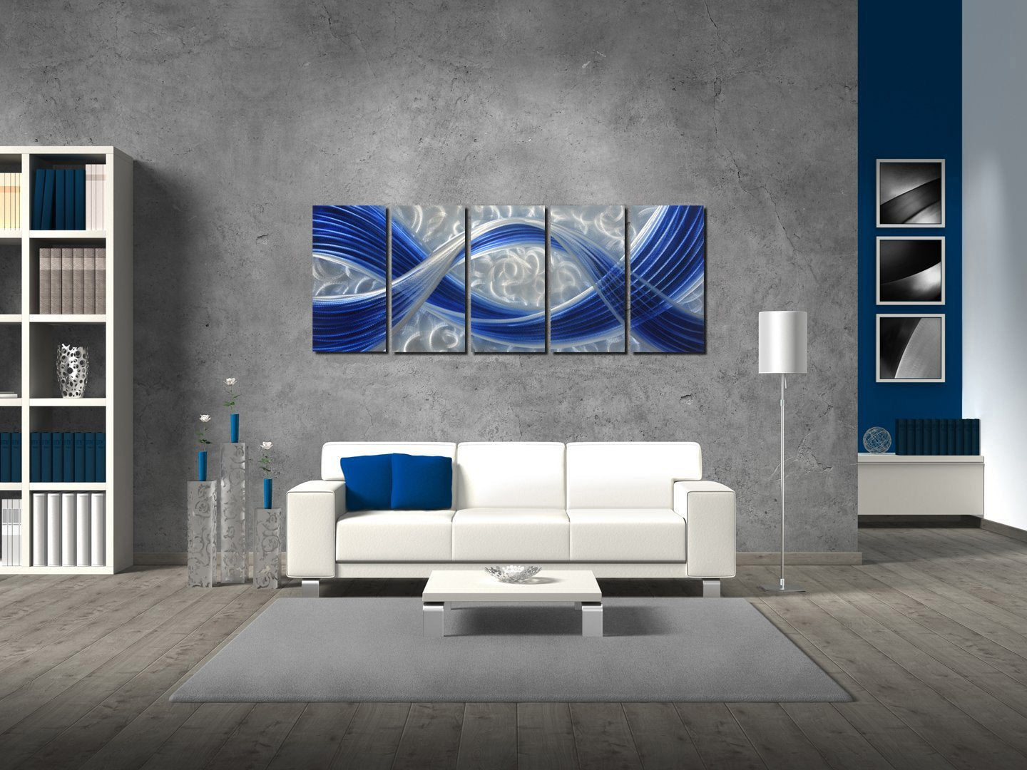 5-Panel Abstract Metal Wall Art, Dark Blue Lines on Silver Aluminum Background, Modern Indoor and Outdoor Wall Sculpture 64"x24"