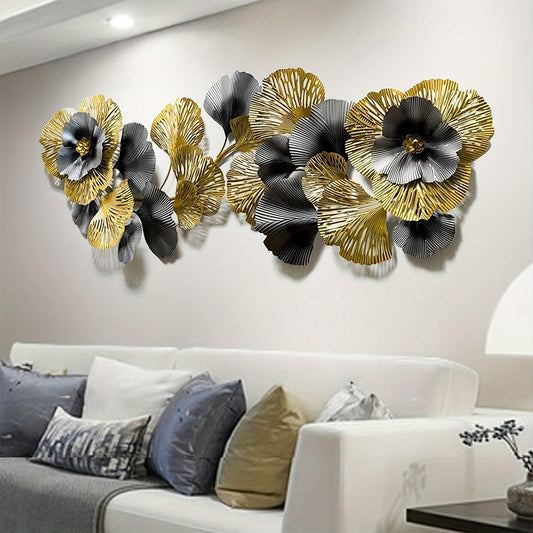 edaknez Extra Large Metal Wall Art, 3D Flower Leaves Metal Wall Decor for Living Room, Coastal Nautical Wall Hanging Sculpture, Indoor & Outdoor Black and Gold Decoration (B 145 x 55 x 6 cm)