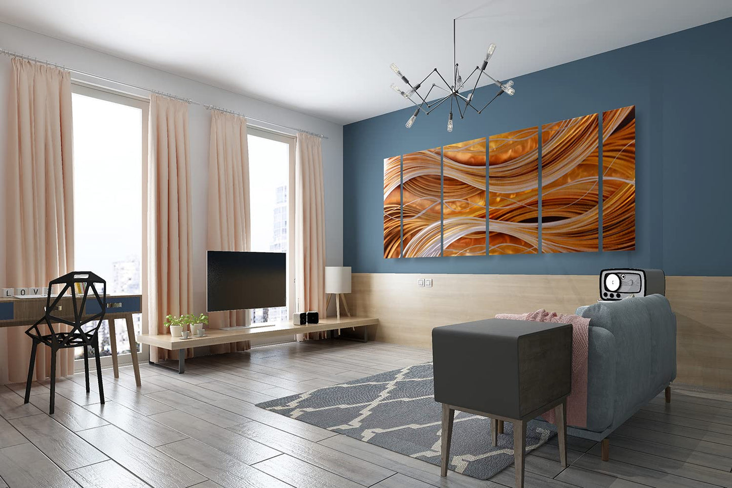 Set of 6 Handcrafted Aluminum Abstract Wall Art Panels, Modern Gold and Silver Wavy Metal Sculpture for Living Room, Office or Hotel Decor