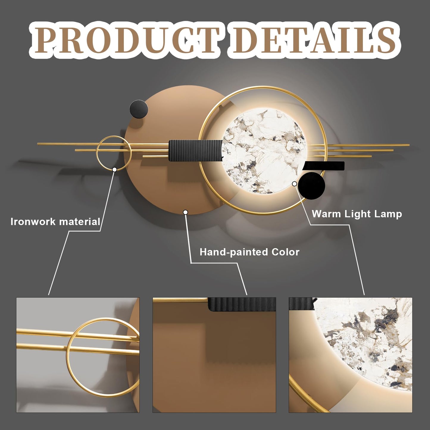 Large Metal Abstract Wall Art with Light, 16.5" x 49.2" Modern Geometric Wall Sculpture for Living Room, Black and Brown