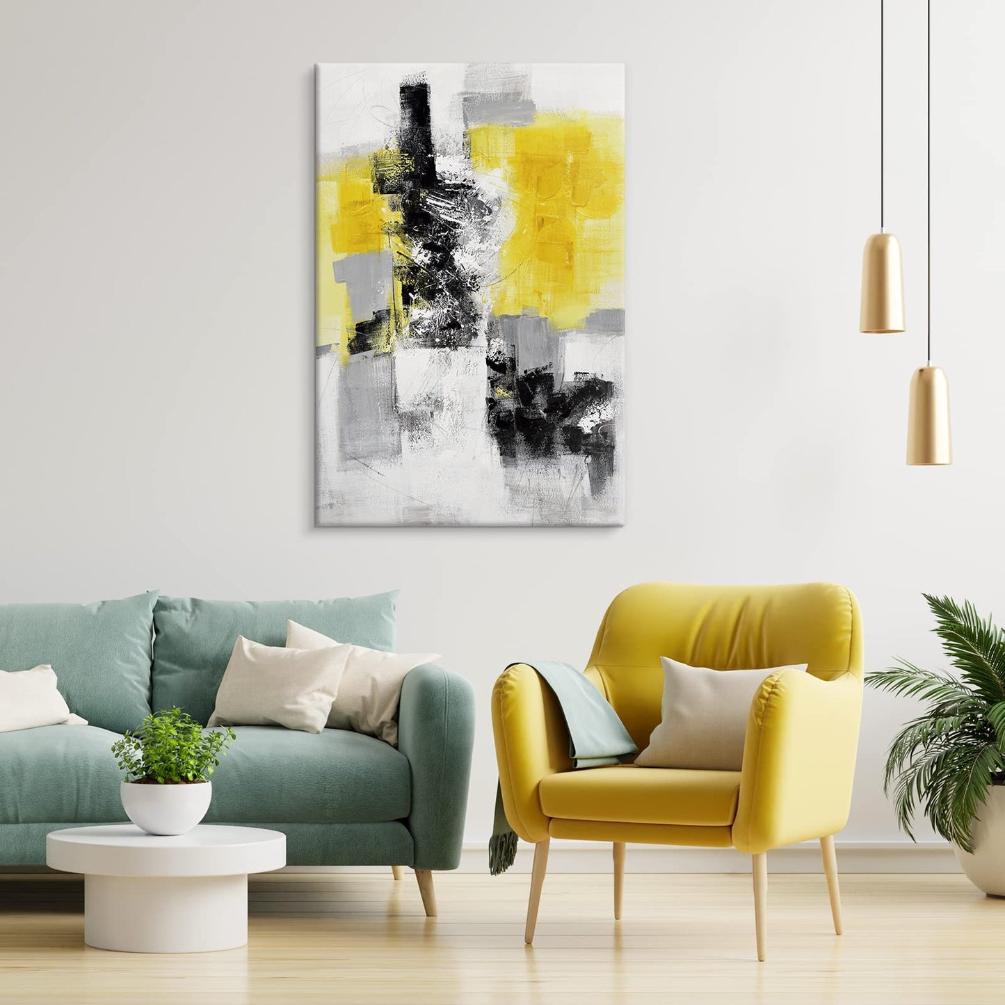 Yellow, Black and White Abstract Canvas Wall Art, Large Framed Painting for Bedroom, Living Room, Kitchen or Office 48"x32"