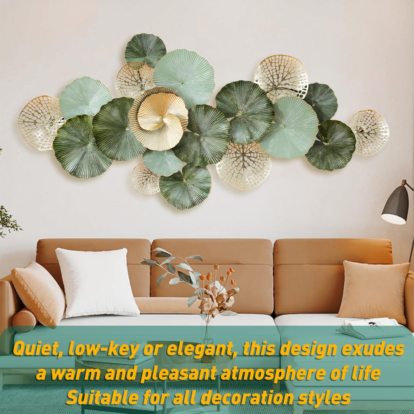 edaknez Metal Wall Art Decor, Large 3D Flower Leaves Metal Wall Art, Modern Lotus Wall Decoration for Indoor & Outdoor Living Room or Bedroom, Green and Gold (C 135 x 64 x 6 cm)