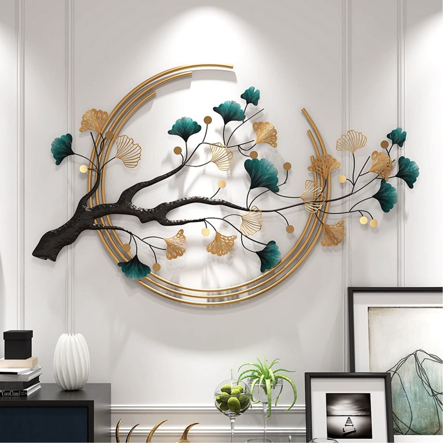 Futyli Large Metal Wall Decor, 3D Ginkgo Leaf Wall Art, 53" Vertical Modern Metal Wall Sculpture for Living Room, Dining Room, Bedroom