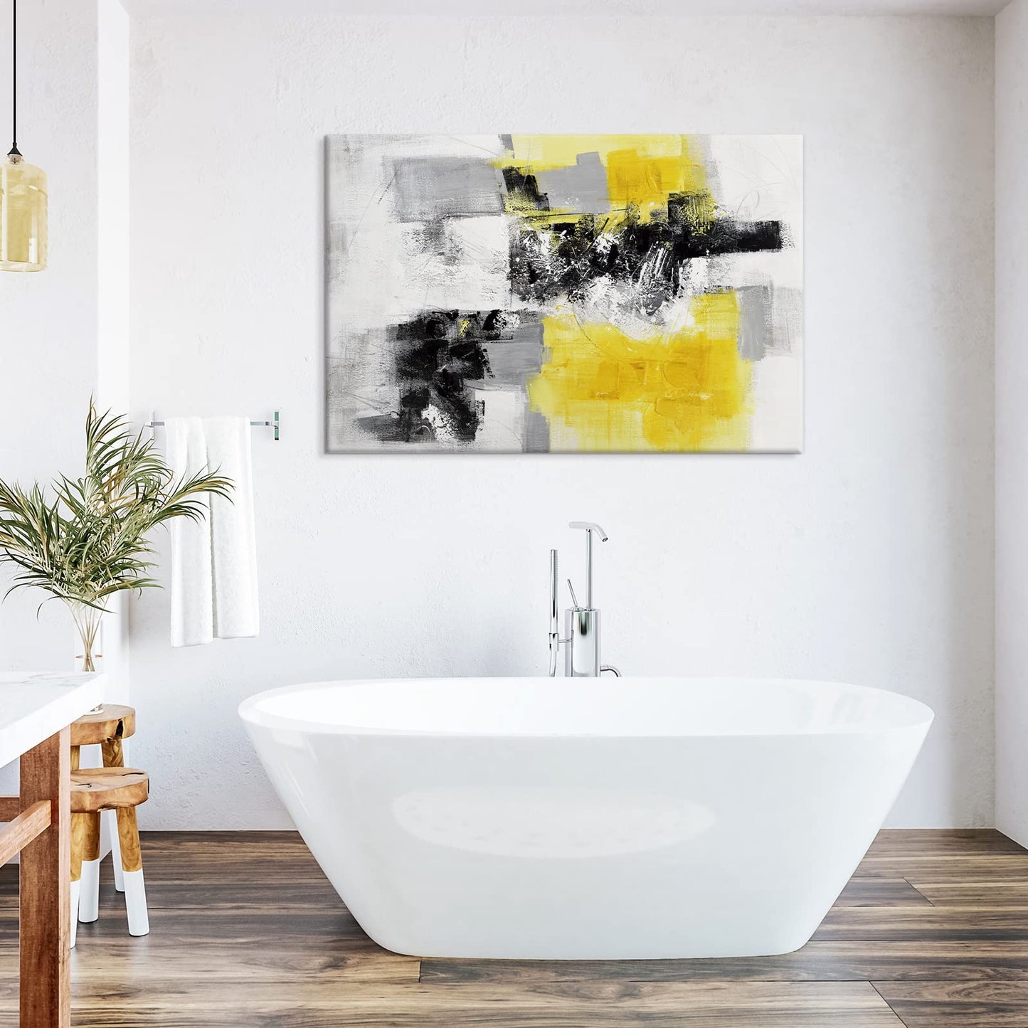 Yellow, Black and White Abstract Canvas Wall Art, Large Framed Painting for Bedroom, Living Room, Kitchen or Office 48"x32"