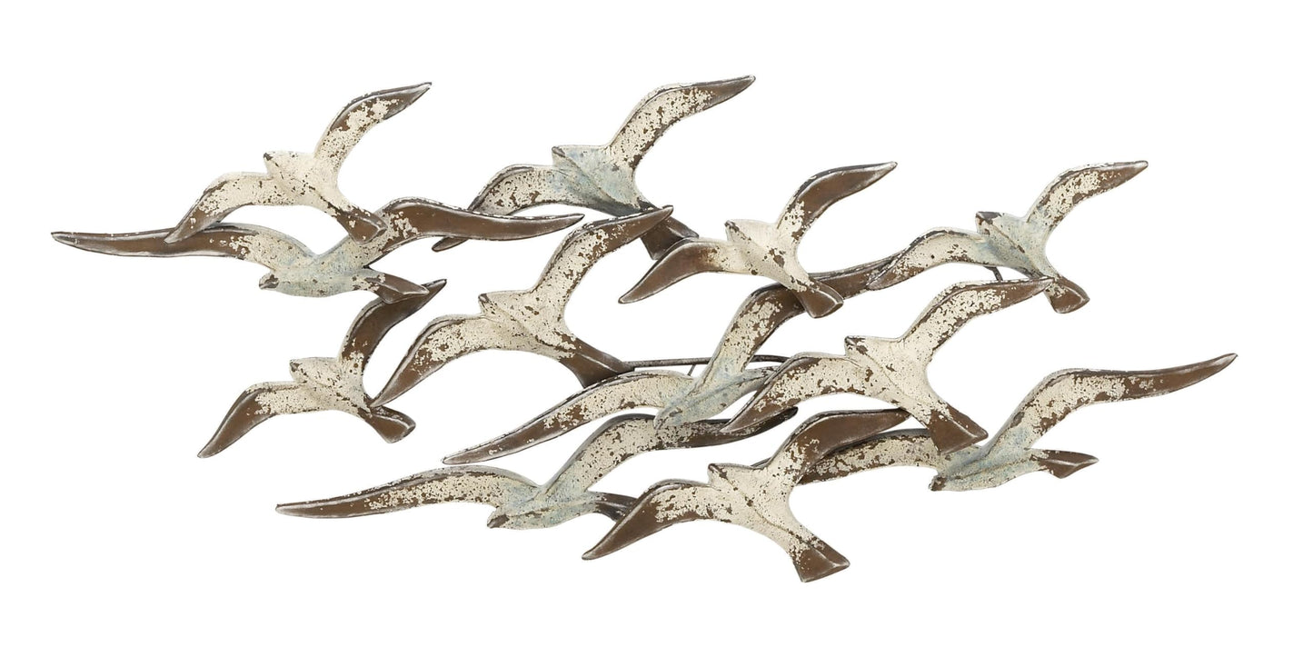 Flying Flock of Birds Metal Wall Art Sculpture, White Decorative Wall Decor 48"x23"