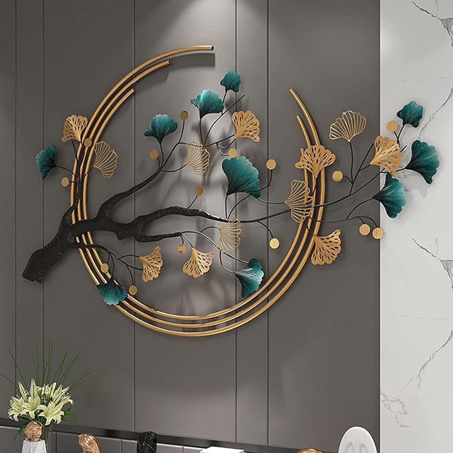 Futyli Large Metal Wall Art Decor, 3D Ginkgo Leaf Wall Sculpture, 36.6" Vertical Gold Metal Artwork for Bedroom and Dining Room Decoration