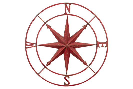 Distressed Red Metal Compass Wall Decor, Vintage Nautical Wall Art for Home or Office