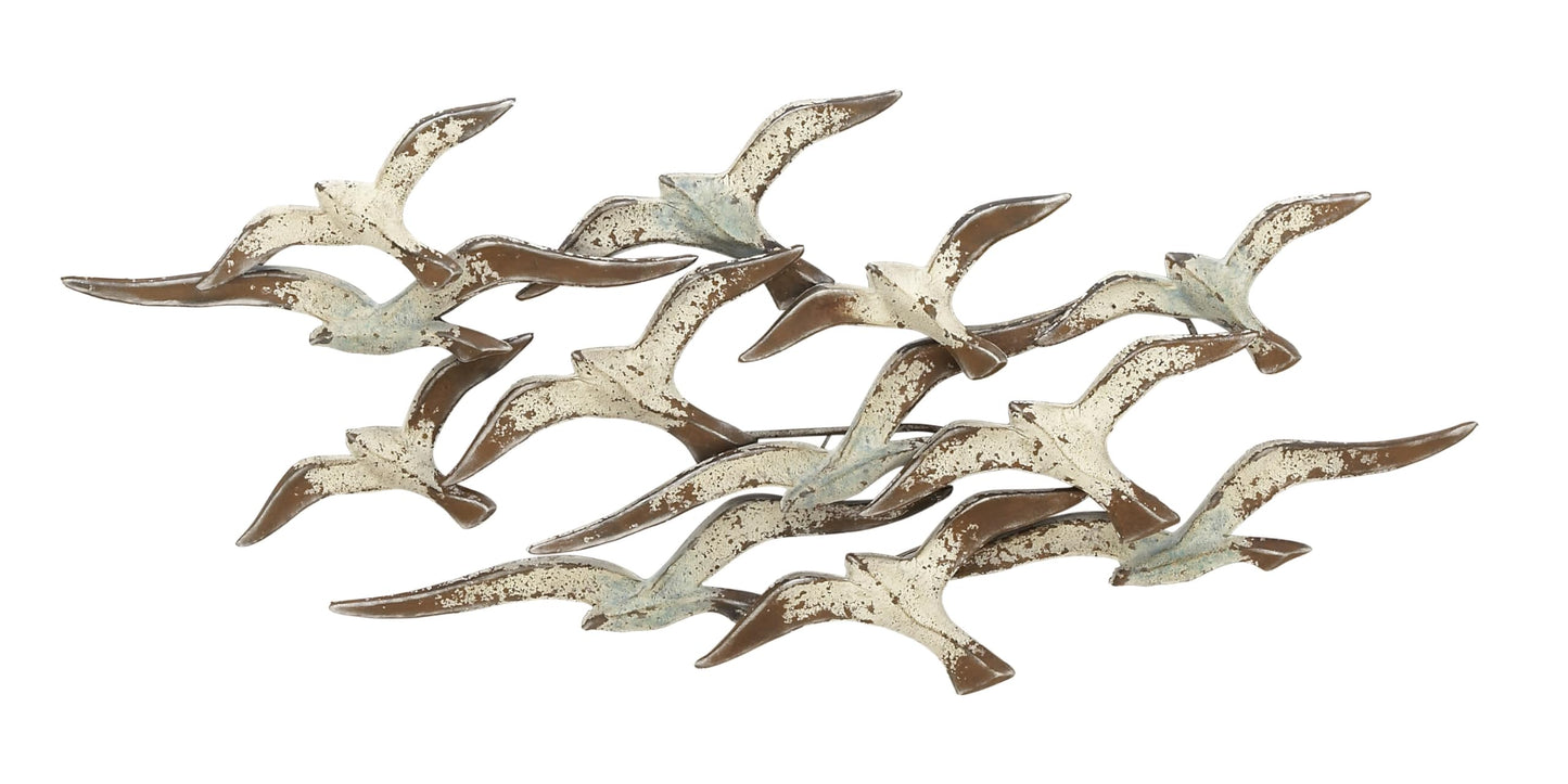 Flying Flock of Birds Metal Wall Art Sculpture, White Decorative Wall Decor 48"x23"