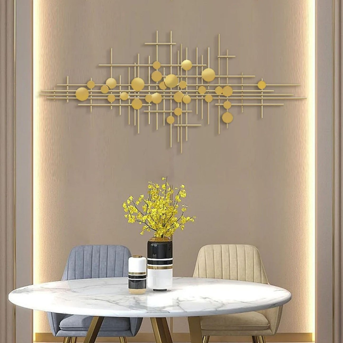 Modern Gold Abstract Metal Wall Art with Geometric Bars and Dots, Large Decorative Accent for Living Room, Bedroom or Hallway 58.3"