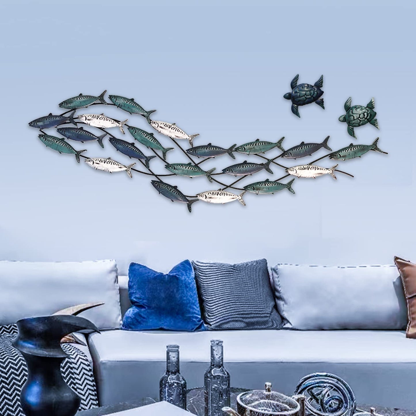 Coastal Metal Fish Wall Art with Two Metal Turtles, Modern Nautical Sculpture for Beach-Themed Living Room or Bedroom