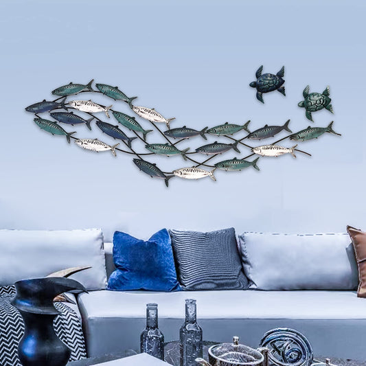Coastal Metal Fish Wall Art with Two Metal Turtles, Modern Nautical Sculpture for Beach-Themed Living Room or Bedroom